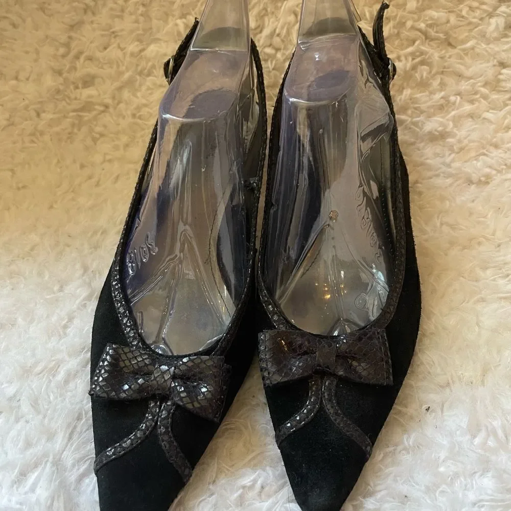 Merona Leather Suede Black with fabric bow and trim sling back3”heels shoes SZ10